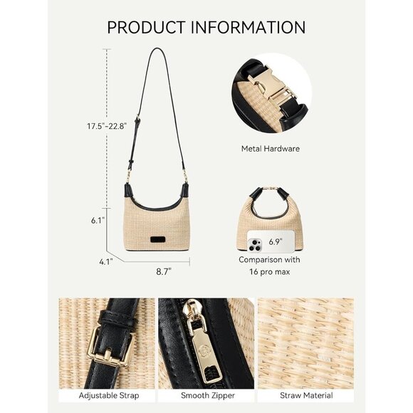 Women Straw Crossbody Bag Raffia Clutch Shoulder Handbag Summer Beach Black - Picture 3 of 6